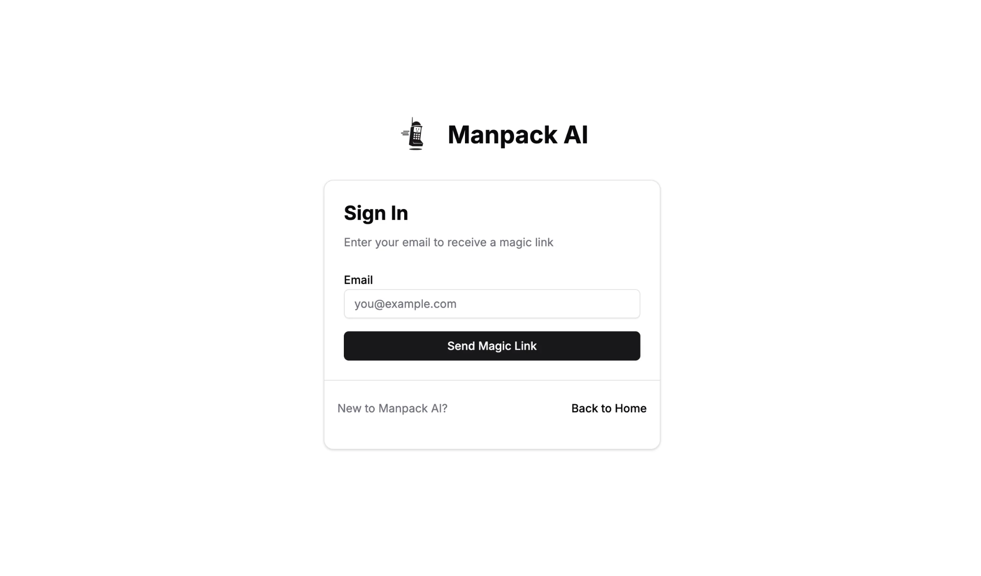 ManPack AI Sign In screen with an email input field and a black Send Magic Link button.