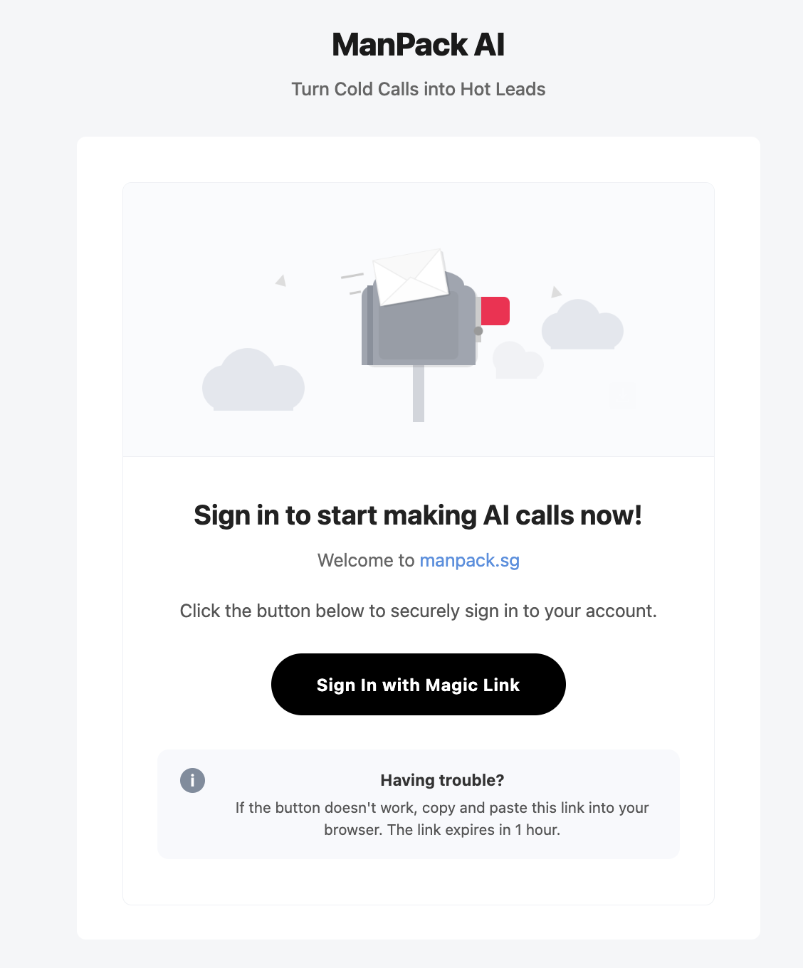 Magic-link email from manpack.sg with a mailbox illustration and a black Sign In with Magic Link button.