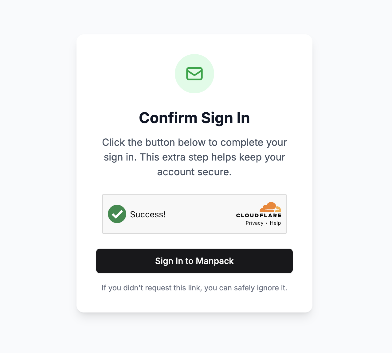 Confirm Sign In screen showing a completed Cloudflare security check and a black Sign In to Manpack button.